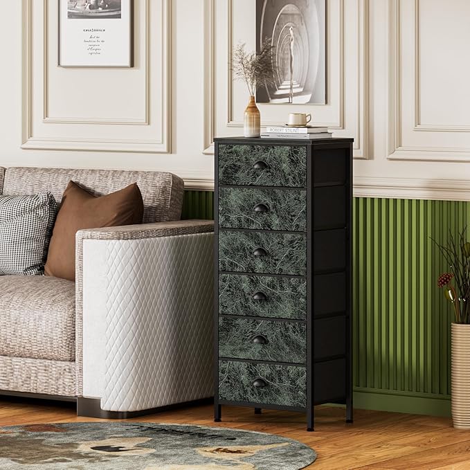 Furnulem Vertical Dresser for Bedroom,Tall Storage Tower Unit and Chest with 6 Drawers,Vintage Green Nightstand Furniture with Fabric Drawer Organizer in Dorm, Living Room,Closet,Entryway,Hallyway