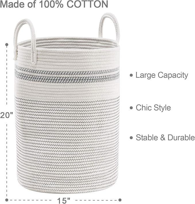 Woven Rope Laundry Hamper Basket, 58L Tall Luandry Basket, Baby Nursery Hamper for Blanket Storage, Clothes Hamper for Laundry in Bedroom-Large-Stripe White