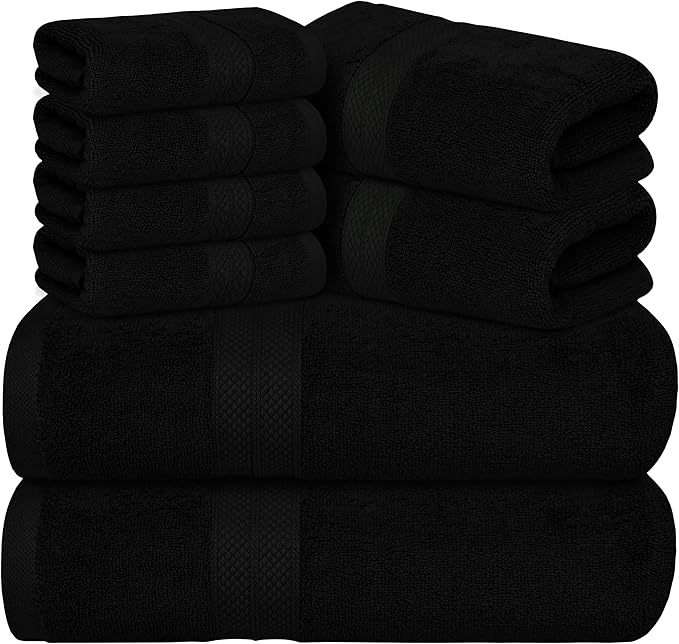 Avalon Towels Luxury 8 Piece Towels Set, 2 Bath Towels, 2 Hand Towels and 4 Washcloths, 600 GSM 100% Ring Spun Cotton Highly Absorbent Bathroom Towel Set, Ideal for Hotel, Spa and Gym (Black)