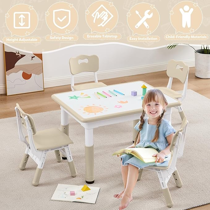 Adjustable Kids Table Chairs Set – Graffiti Desktop, Multi-Activity Height-Adjustable Toddler Study Desk for Ages 3-8 – Ideal for Home, Classroom, Daycare (B-Wood, 4 Chairs-31.5" L x 23.6" W)