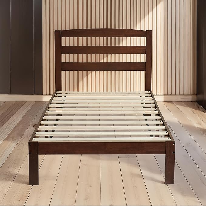 Hokway Wood Twin Bed Frames with Headboard-No Wobble,Noise-Free,Easy Assembly with Precise Holes,12 in Reinforced Center Legs,No Box Spring Needed,Walnut