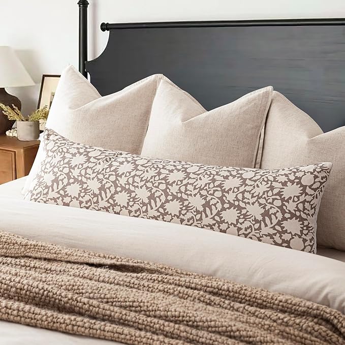 Foindtower Set of 2 Decorative Floral Long Body Lumbar Throw Pillow Covers Neutral Farmhouse Cushion Covers Boho Vintage Pillowcase For Couch Sofa Bedroom Living Room Home Decor Outdoor,14×36 Inch,Tan