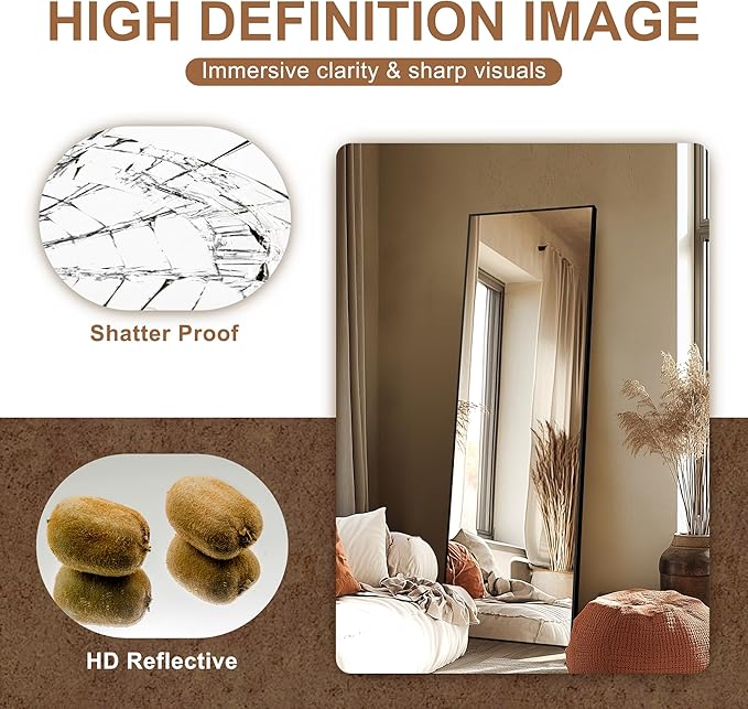 Delma Full Length Standing Mirror,Large Floor Mirror with Aluminum Frame for Bedroom, Bathroom, Living Room,Wall Mount or Freestanding Design(with Stand,Rect 69x24-Black)