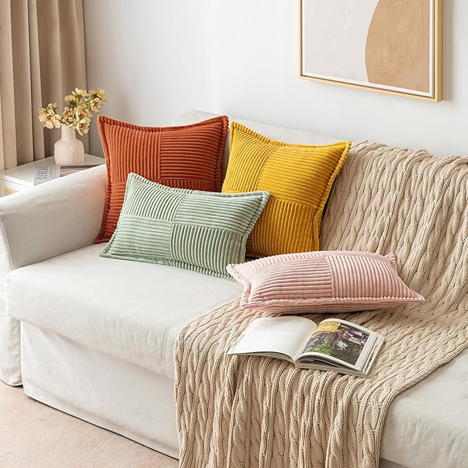 MIULEE Rust Fall Corduroy Decorative Euro Sham Pillow Covers 24x24 Inch with Splicing Set of 2 Soft Boho Pillow Covers Broadside Textured Summer Pillowcases for Couch Bed Livingroom