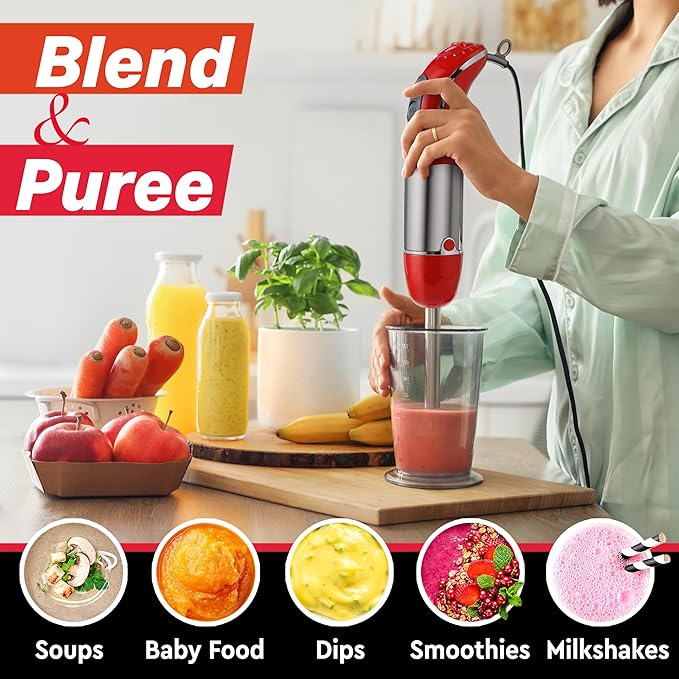 Mueller Multistick 800W 5-in-1 Immersion Blender Handheld, 12 Speed Hand Mixer - Turbo Boost, Heaviest Duty Copper Motor, Titanium Blades Hand Blender, Milk Frother Wand, Red Kitchen Accessories