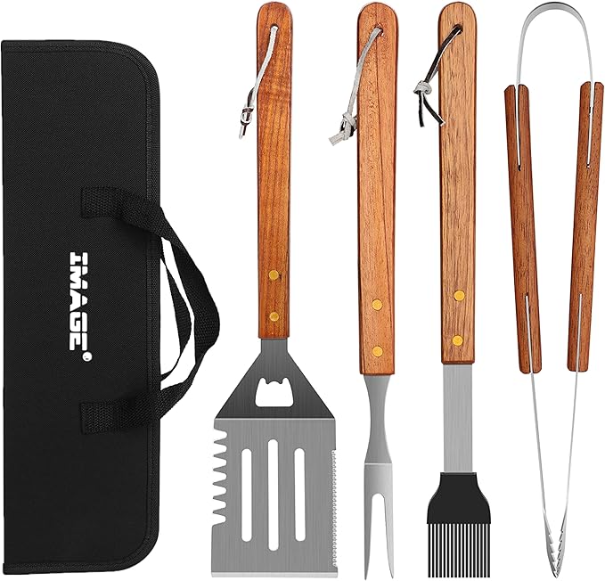 IMAGE Wooded BBQ Accessories Grilling Tools,Stainless Steel BBQ Tools Grill Tools Set for Cooking, Backyard Barbecue & Outdoor Camping Gift for Man Dad Women Barbecue Enthusiasts Set of 4