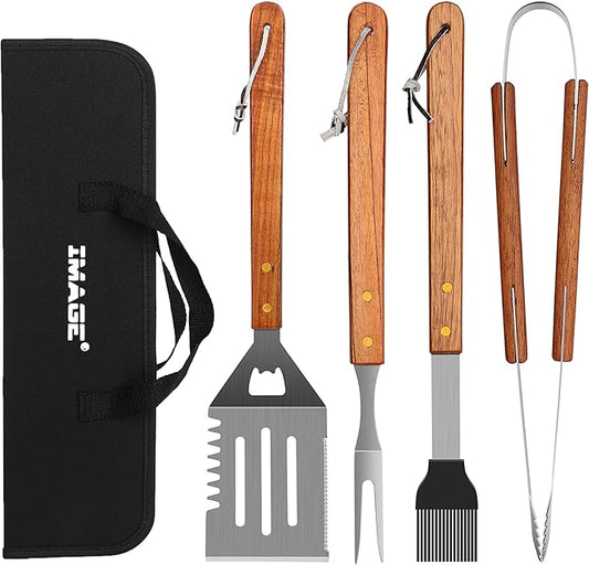 IMAGE Wooded BBQ Accessories Grilling Tools,Stainless Steel BBQ Tools Grill Tools Set for Cooking, Backyard Barbecue & Outdoor Camping Gift for Man Dad Women Barbecue Enthusiasts Set of 4