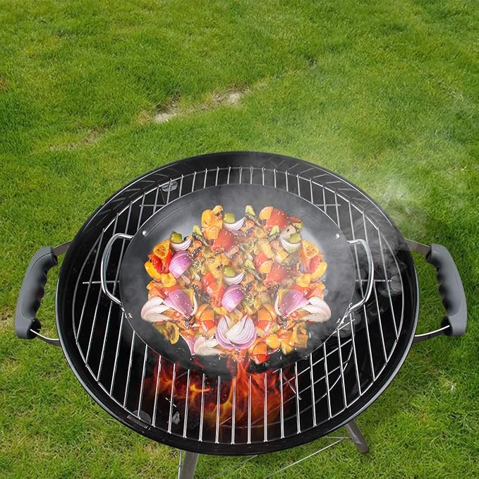 Round Grill Wok with Handle for Green Egg Veggie Basket BBQ Accessory Barbecue Tools for M/L/XL Green Egg Accessories for StriFry,Shrimp,Meat&Vegetable Outdoor Camping Cookware