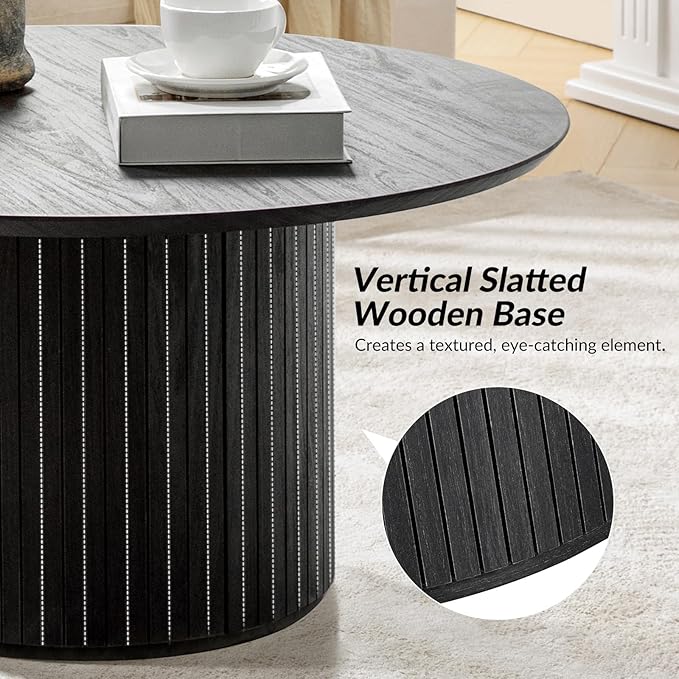 HULALA Home Round Coffee Table, Wood Coffee Table with Vertical Slat Base, Modern Coffee Table for Living Room and Lounge Room, Charcoal