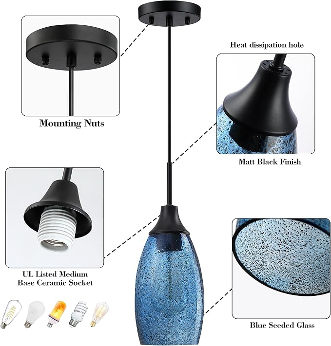 Mini Glass Pendant Light 1-Pack Handblown Clear Dark Blue Seeded Glass Shade Adjustable Cord Ceiling Light Fixture for Kitchen Island Sink 4.72"