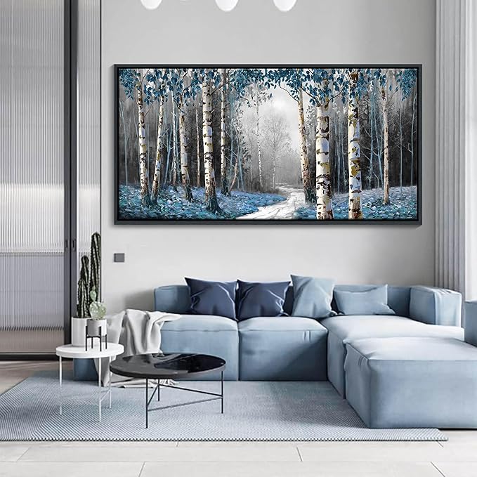 Large Canvas Wall Art Framed - Gray Blue Tree Abstract Canvas Painting Textured Picture, Modern Landscape Artwork Framed for Living Room Bedroom Bathroom Office Home Decor 58"x29"