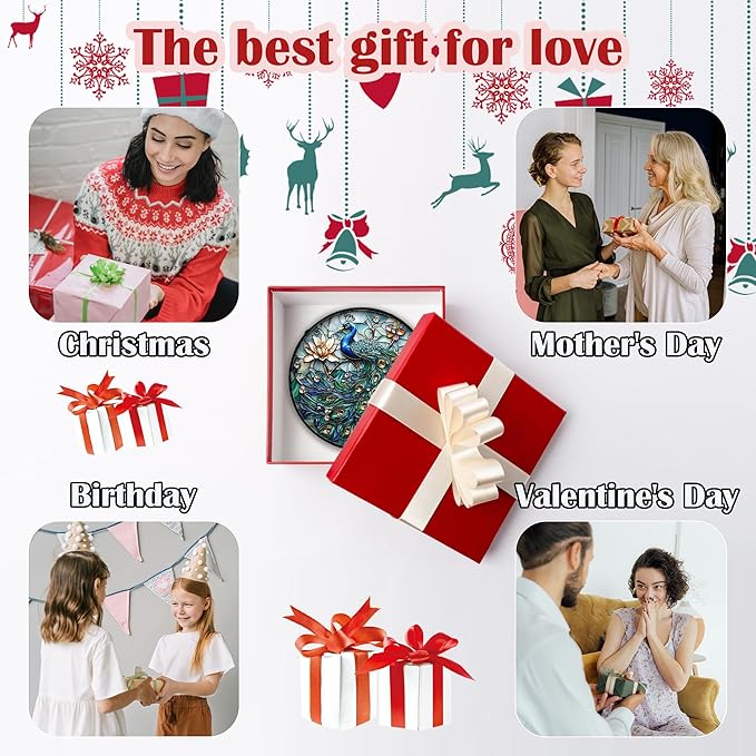 Stained Glass Window Hanging, Blue Peacock Decoration Suncatcher for Door Garden Home Flower Bird Sun Catchers Christmas Mother's Day Birthday Gifts for Women Men Mom Nana Friend 11.8 in