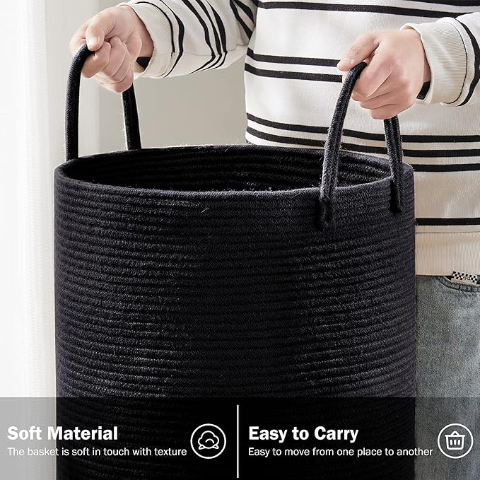 Woven Rope Laundry Hamper Basket, 58L Tall Laundry Basket, Baby Nursery Hamper for Blanket Storage in Bedroom-Large- Black