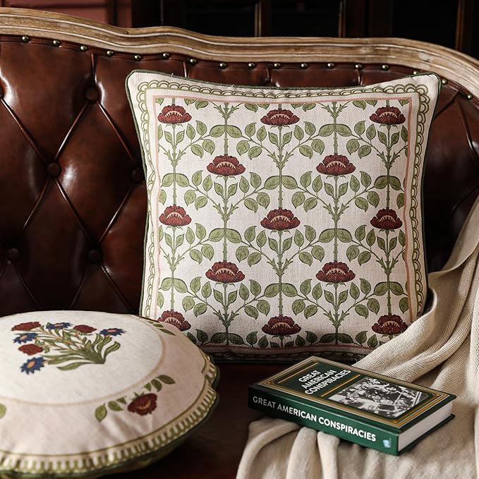 Design Linen Round Throw Pillow Covers Diameter 16" Pack of 2, Yellow Green French Cushion Covers with Red Purple Floral Pattern Decoration Pillowcases for Bed, Living Room, Outdoor, Car