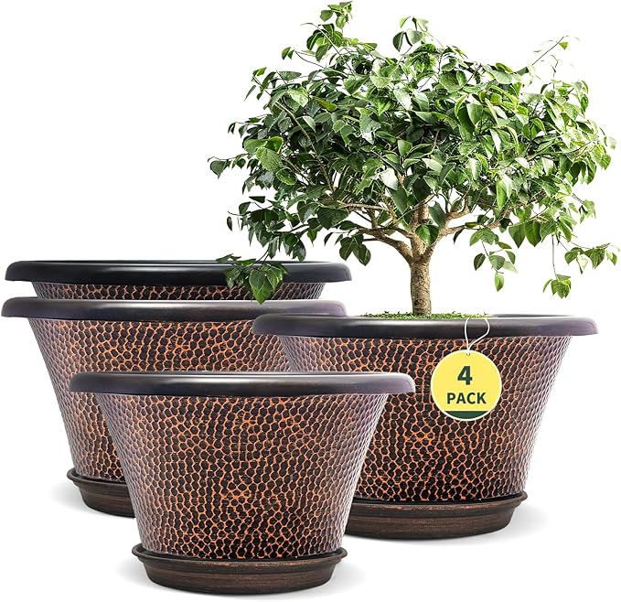 Quarut 12 Inch Pots for Plants,4 Pack Large Flower Pots with Drainage Hole & Saucer,Modern Planters for Indoor Outdoor Plants,Decorative Resin Garden Pots Brown