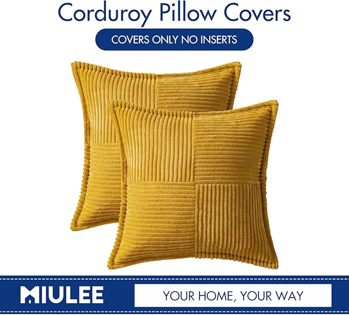 MIULEE Decorative Throw Pillow Covers for Couch Bed Livingroom 18x18 Inch Set of 2 Fall Mustard Yellow Boho Accent Throw Pllows Broadside Striped Patchwork Soft Corduroy Pillowcases