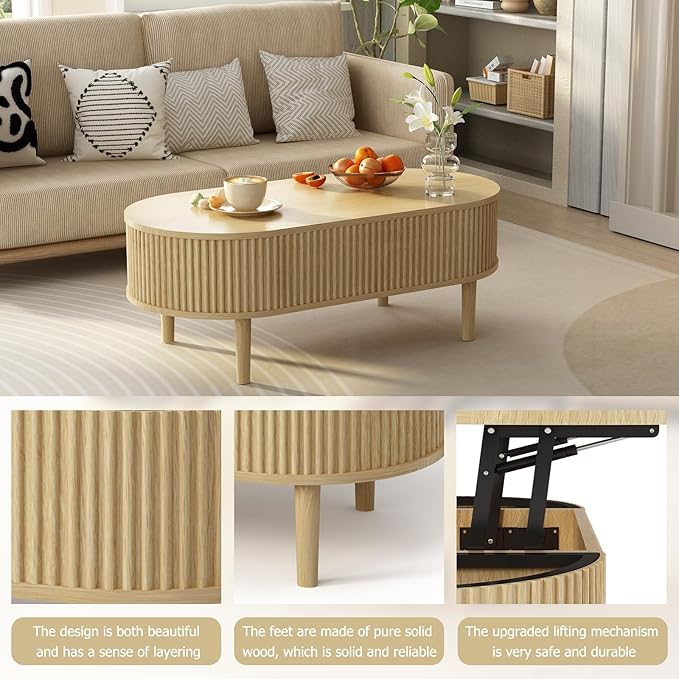 Ludatido 39 Inch Lift Top Coffee Table with 3 Storage for Living Room, Oval Coffee Table with Hidden Compartment, Fully Wooden Center Easy to Assembled for Home Living Room Office Burlywood