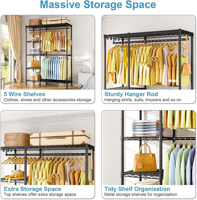 Ulif F2 Clothes Rack, 5 Tiers Heavy Duty Garment Rack for Bedroom, Freestanding Adjustable Closet Storage Organizer, 46.1" W x 15.4" D x 78.3" H, Load 630lbs, Upgraded Black