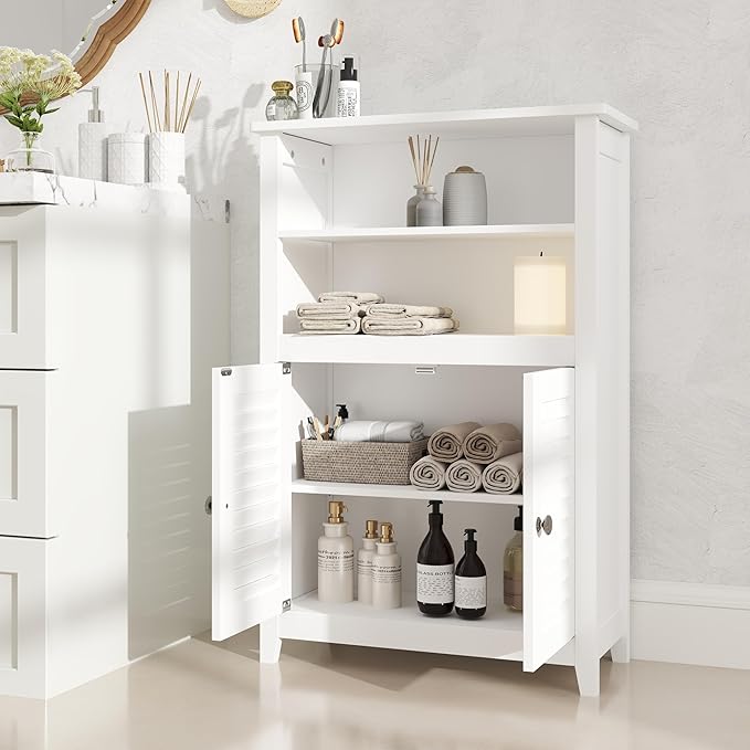 Gizoon Bathroom Floor Cabinet with Widened Top Table, Freestanding Storage Cabinet with Adjustable Shelf, 2 Shutter Doors and Concealed Hinges, for Living Room, Entryway, Kitchen, White