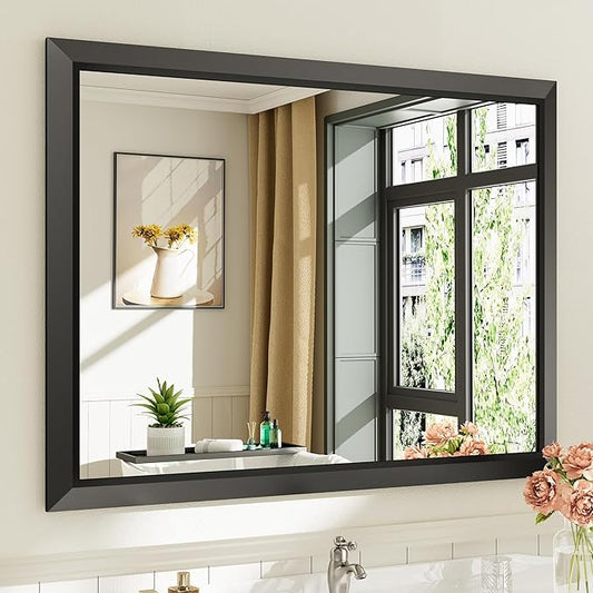 40x30 Inch Black Bathroom Mirror for Wall, Thick Metal Framed Rectangle Mirrors for Over Sink, Bedroom, Living Room, Entryway, Anti-Rust, HD Tempered Glass