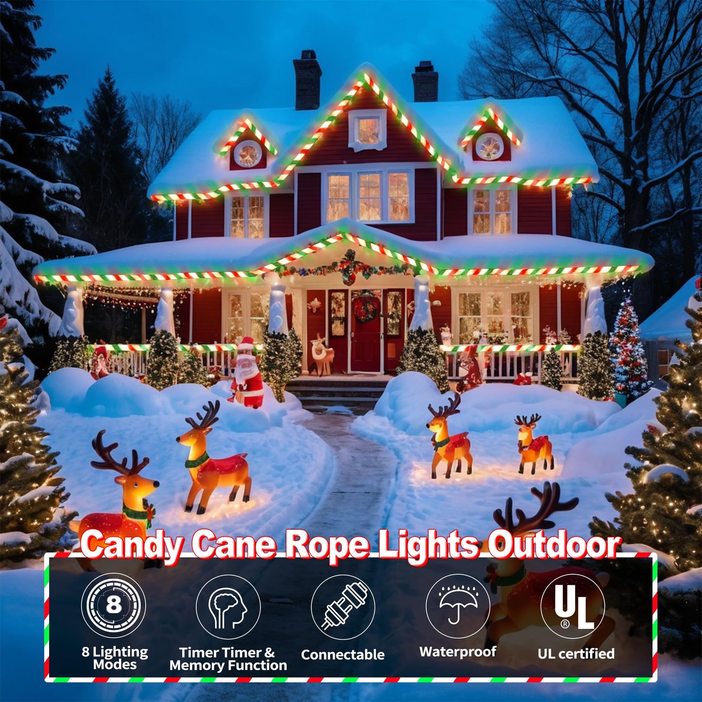 Toodour Christmas Candy Cane Lights, 50ft 360 LED Candy Cane Rope Lights Outdoor with 8 Modes, Connectable, Timer, Waterproof Red White Green Christmas Light for Garden Patio Bedroom Party Xmas Decor