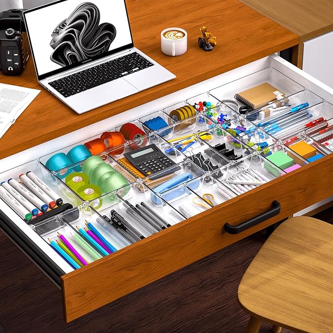 7 Pack Clear Plastic Drawer Organizer Set,4 Sizes Bathroom Drawer Organizers and Storage Bins,Vanity Drawer Organizer for Makeup,Cosmetics,Jewelry,Utensils,Gadgets,Office In Drawer Organizers Trays