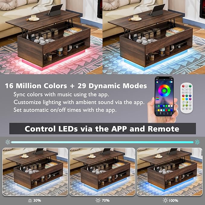HOMMPA Lift Top Coffee Table with Storage for Living Room,Mid Century Modern LED Coffee Table, 3 Tiers Farmhouse Wood Center Tea Table with 2 Open Shelves，Walnut