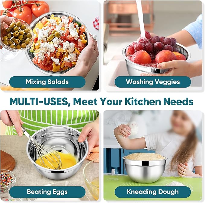 TeamFar Mixing Bowl Set of 5, Stainless Steel 4.5/3/1.5/1/0.7 QT Metal Nesting Salad Bowls with Lids, Ideal for Mixing Serving Tossing, Non-Toxic & Sturdy, Airtight Lid & Easy Clean, Blue