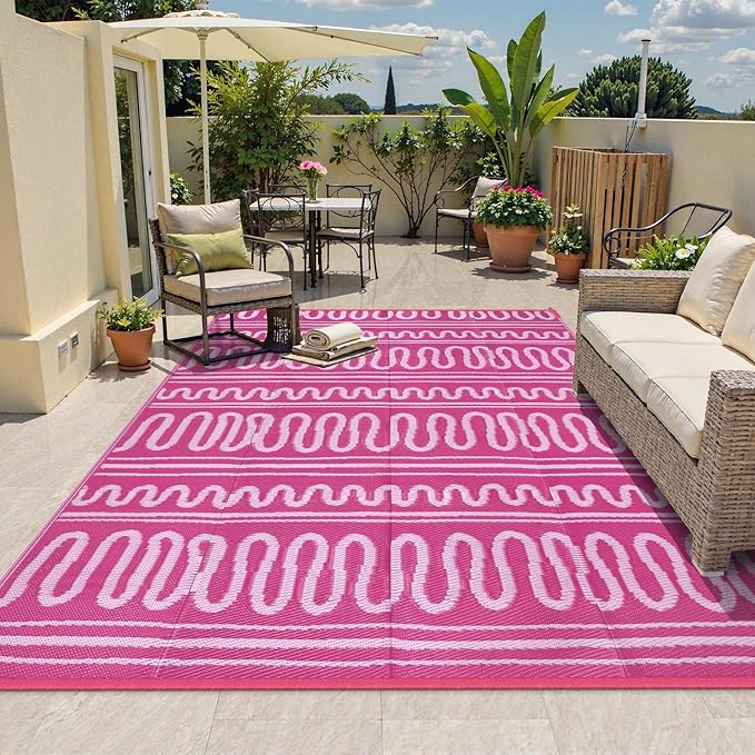 Beeiva Outdoor Waterproof Rug 8x10, Plastic Reversible Outdoor Camping Rug, Pink Patio Rug for Deck, Balcony, Backyard, Porch, Camping, Picnic - Pink