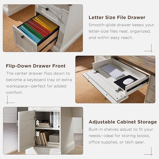 OKD 60" Executive Desk with Hutch and Drawers, Farmhouse Home Office Desk with Charging Station, Keyboard Tray, File Cabinet Storage, Wood Computer Desk for Work and Study, Antique White