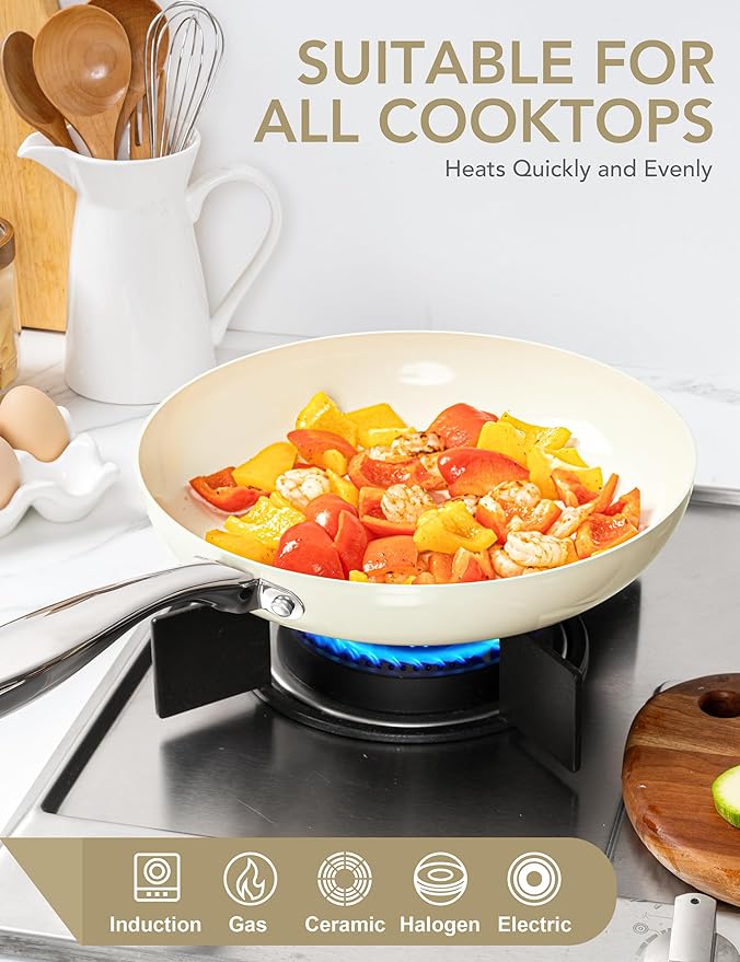 MICHELANGELO 12 Inch Frying Pan with Lid, Large Nonstick Skillet with Ergonomic Handle, Non-Toxic Ceramic Fry Pan, Oven-Safe, White