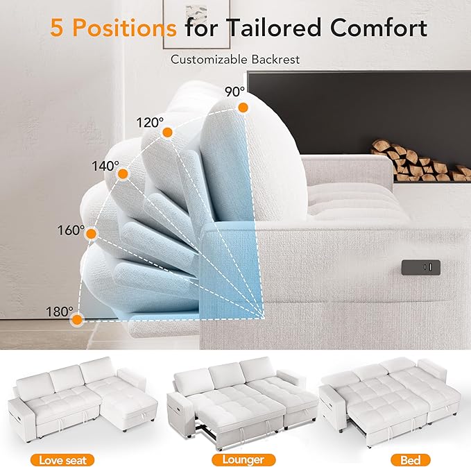 Vipbear Chenille Sleeper Sectional Sofa, 81" L Shaped Couch with Pull Out Bed, Convertible Cloud Sofa with Reclining Backrest | Reversible Storage Chaise | USB Ports | Tool-Free Assembly | Beige