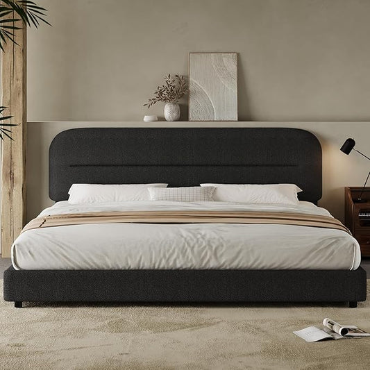 HOMBCK King Size Boucle Bed Frame, Upholstered Cloud Bed Frame with Headboard, Soft Platform Bed Frame with Thickened Footboard, Rounded Corners, No Box Spring Required, Easy Assembly, Black