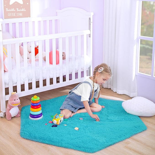 junovo Ultra Soft Rug for Nursery Children Room Baby Room Home Decor Dormitory Hexagon Carpet for Playhouse Princess Tent Kids Play Castle, Diameter 4.6 ft, Teal Blue