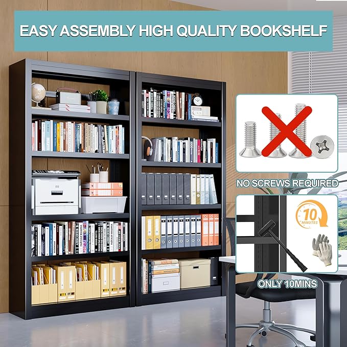 Bookshelf,6-Tier Adjustable Steel Book Shelf,61" H Heavy Duty Metal Bookcase for Home/Office/Garage,Black Shelf (Black, 61" Tall)