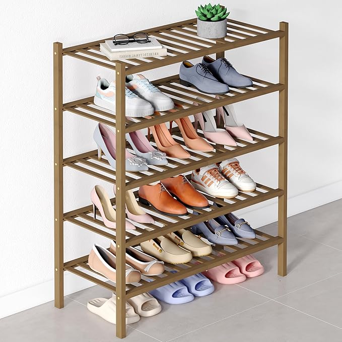 Smiry Bamboo Shoe Rack for Closet, 5 Tier Wooden Stackable Shoe Organizer, Free Standing Shoes Storage Shelf for Entryway, Front Door Entrance, Walnut