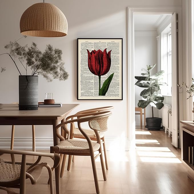 Poster Master Dictionary Art Poster - Tulip Print - Red Flower Art - Floral Art - Gift for Men, Women & Florist - Minimal Decor for Living Room, Bedroom, Dorm or Flower Shop, 24x32 Unframed Wall Art