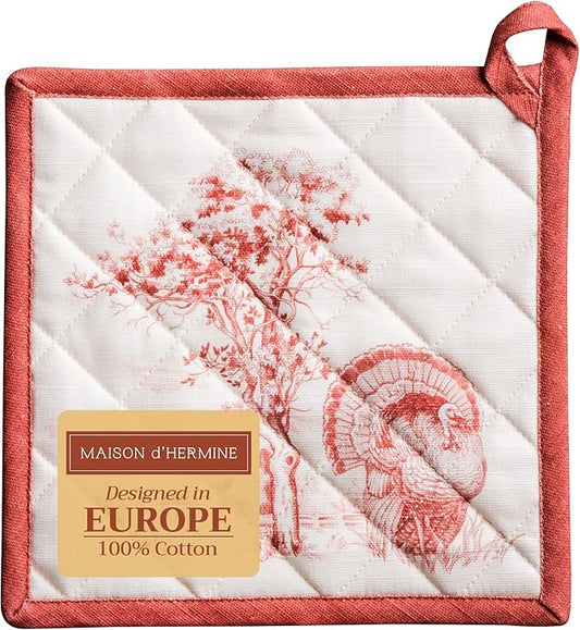 Maison d' Hermine Pot Holders 100% Cotton Heat Resistant Potholders 8" x 8" Hot Pads with Loop for Thanksgiving Christmas Decorations BBQ Cooking Baking Handling Hot Pans (Pack of 1, Holy Jouy - Red)