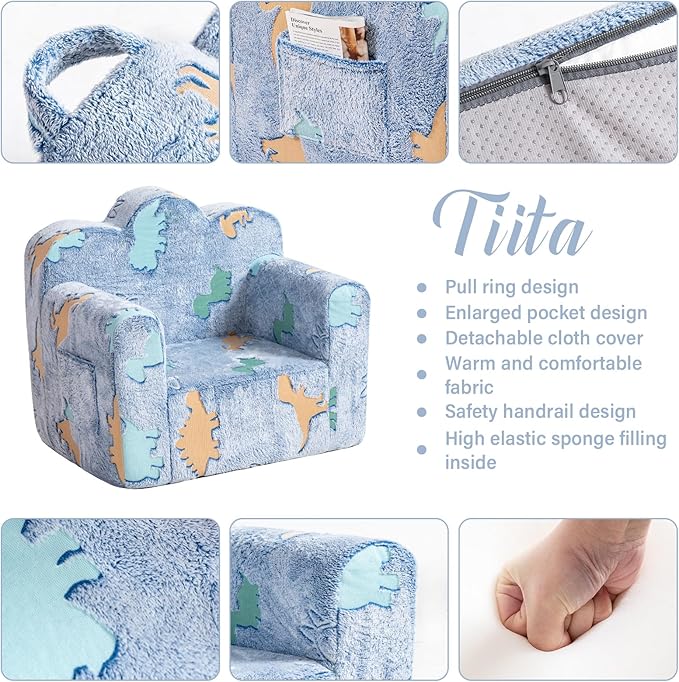 Tiita Kids Couch Plush Toddler Chair, Cloud-Like Glow in The Dark Kids Sofa Toddler Reading Chair with Washable Cover Carrying Handle, Convertible Children Sofa Chair for Girls and Boys