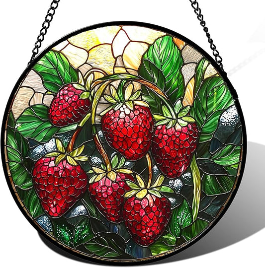 Stained Glass Suncatcher, Red Strawberry Green Leaf Sun Catcher Silver Background Stain Glass Window Hanging Decoration Mother's Day Birthday Gifts for Women Men Mom Nana 11.8 in
