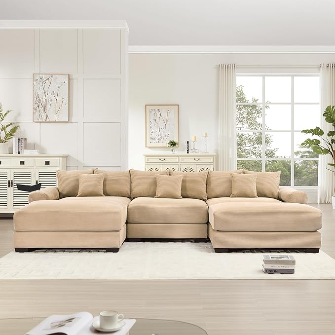 KEIKI 130" U-Shaped Oversized Corduroy Modular Cloud Sectional Sofa with 2 Ottoman, High-Density Foam Cushion, Extra-Thick Armrest, 3-Seater Fluffy Corner Couch with 9 Pillow, for Living Room, Camel