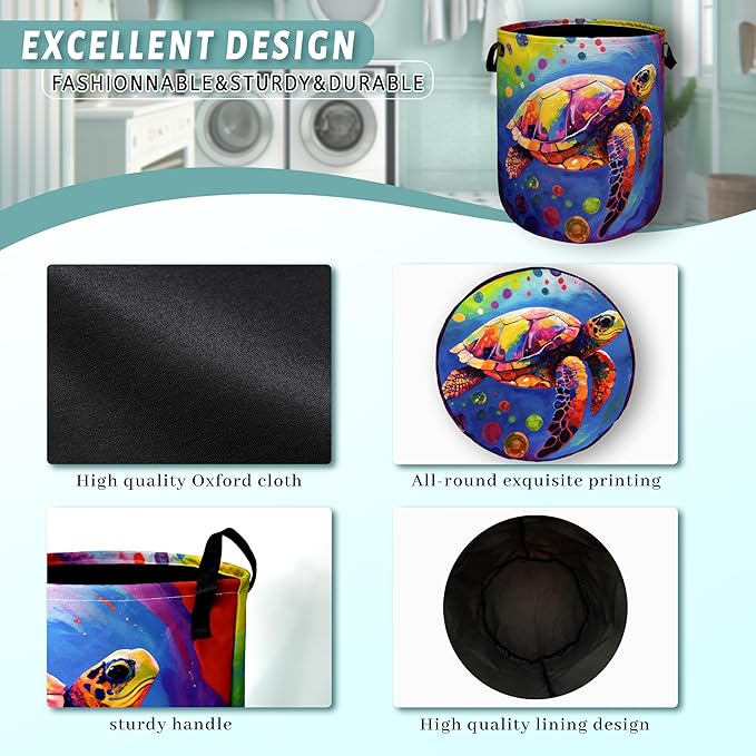 Colorful Sea Turtle Laundry Basket Foldable With Handles Tote Bag Oxford Cloth Cute Turtles Laundry Hamper 18.9" x 16.5" Clothes Storage Bucket Toy Organizer For Bathroom/Laundry/Bedroom