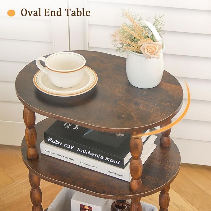 MaxSmeo Side Table, 3-Tier Small End Table, Modern Oval Night Stand Accent Table for Living Room, Bedroom, Rustic Brown
