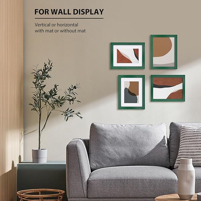 KINLINK 6x8 Picture Frame Green, Solid Wood Frames with Acrylic Plexiglass for Pictures 4x6 with Mat or 6x8 without Mat, Tabletop and Wall Display Photo Frame, Set of 4