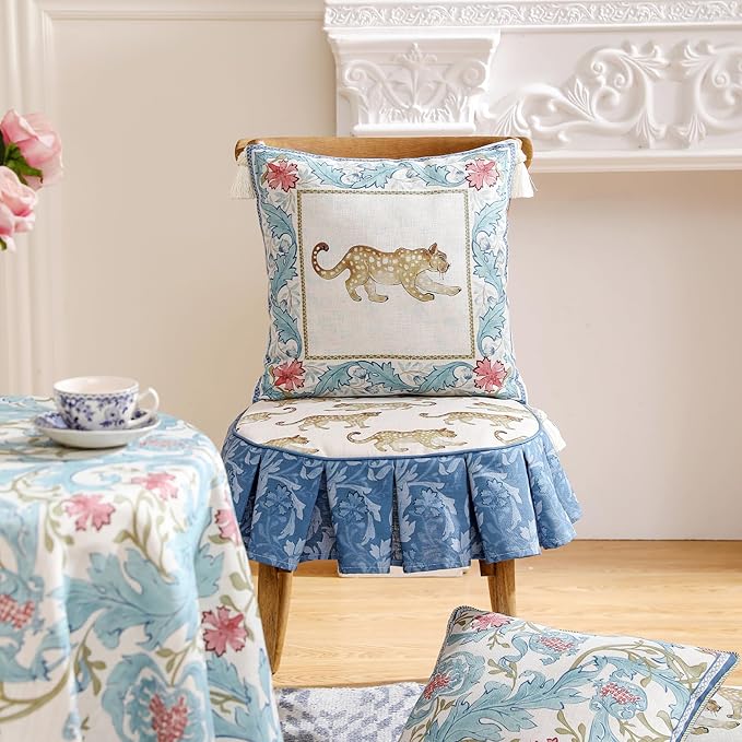 patdrea Designer Throw Pillow Cover for Couch 18"x18",Vintage French Linen Pillowscover with Cheetah Pattern and White Pendant,Farmhouse Decorative Pillowcases for Bed Living Room Outdoor Set of 2