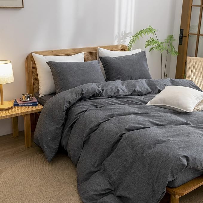 BESTOUCH Duvet Cover Set 100% Washed Cotton Linen Feel Super Soft Comfortable Chic Lightweight 2 PCs Home Bedding Set Solid Dark Black Twin/Twin XL