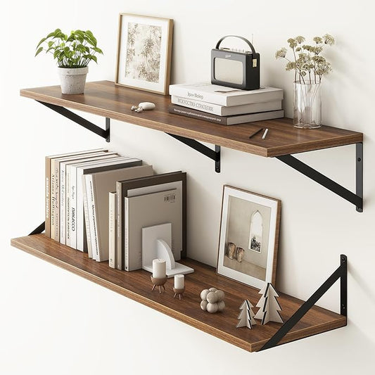 Fun Memories 40 Inch Floating Shelves, 10 Inch Deep Wall Shelf, 40 x 10 Floating Shelf Set of 2, Wood Floating Shelf Wall Mounted, Large Kitchen Living Room Bedroom Storage Shelves, Walnut