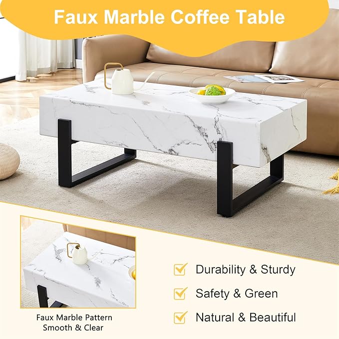 47'' Rectangle Coffee Table for Living Room, Marble Pattern Desktop, Stable Metal Tea Table Legs for Dining Room Apartment Small Space (White)