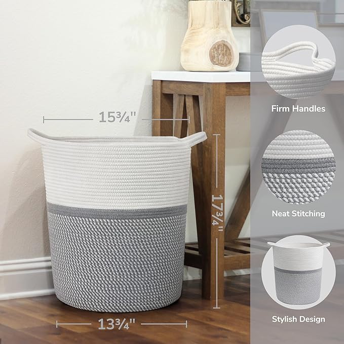 INDRESSME Baby Laundry Basket for Nursery, Kids Laundry Hamper, Tall Storage Basket for Living Room, Rope Basket for Blankets, Clothes, 17¾ x 15¾ x 13¾ inches, Grey