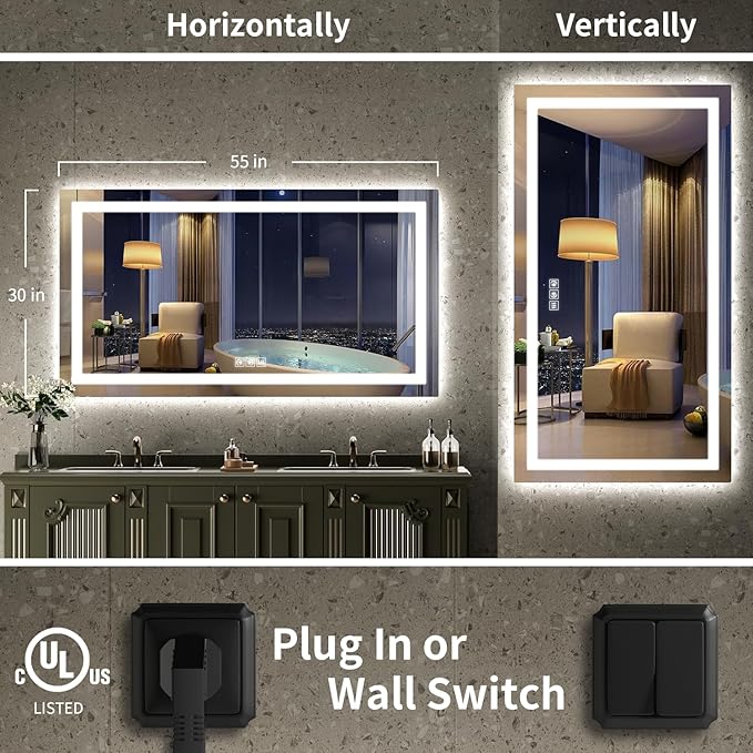 LED Mirror for Bathroom, 55x30 Inch Backlit + Front Lighted Bathroom Vanity Mirror with Lights, Double Light Strips, 3 Colors, Shatter-Proof, Anti-Fog and Brightness Memory